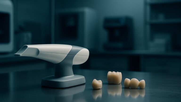 Scanner intraoral e peças protéticas finalizadas organizados em bancada de laboratório de prótese