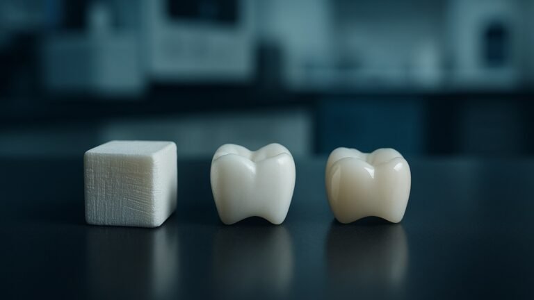 Bloco de material, dente esboçado e coroa polida em sequência, representando as etapas do processo de produção