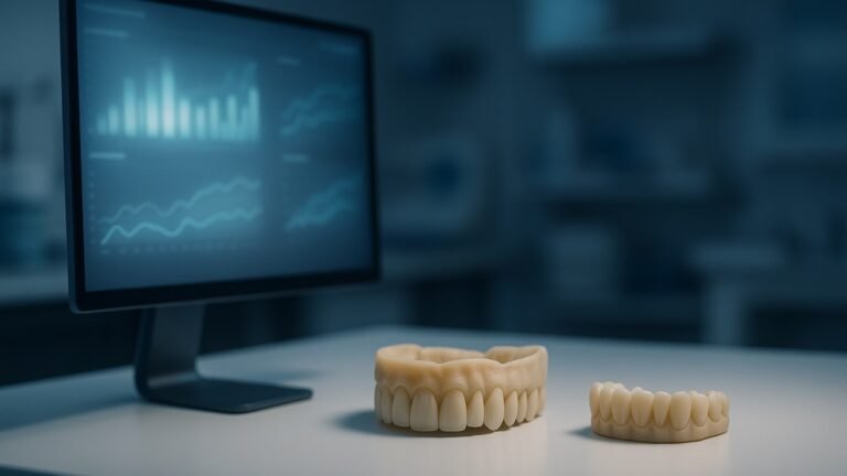 Monitor com painel de indicadores ao lado de próteses dentárias sobre bancada de laboratório
