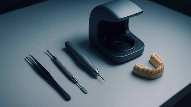 Instrumentos, scanner e modelo protético dispostos em sequência organizada na bancada de laboratório