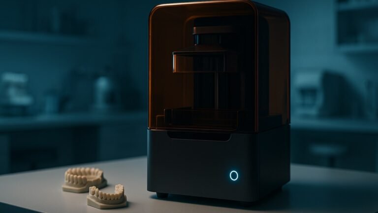 Impressora 3D de resina moderna ligada em bancada de laboratório, ao lado de modelos protéticos